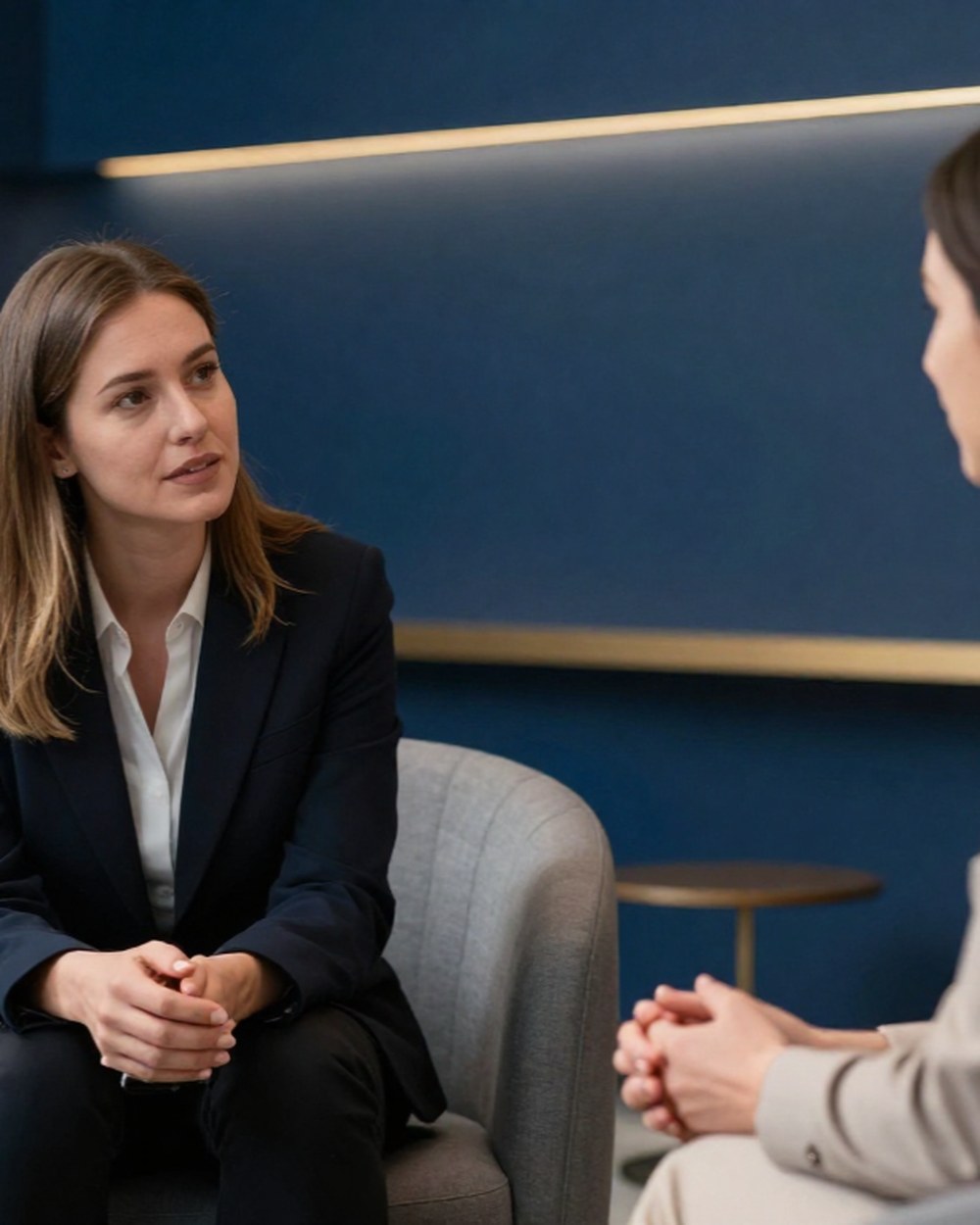 An executive coaching session between two professionals seated in conversation