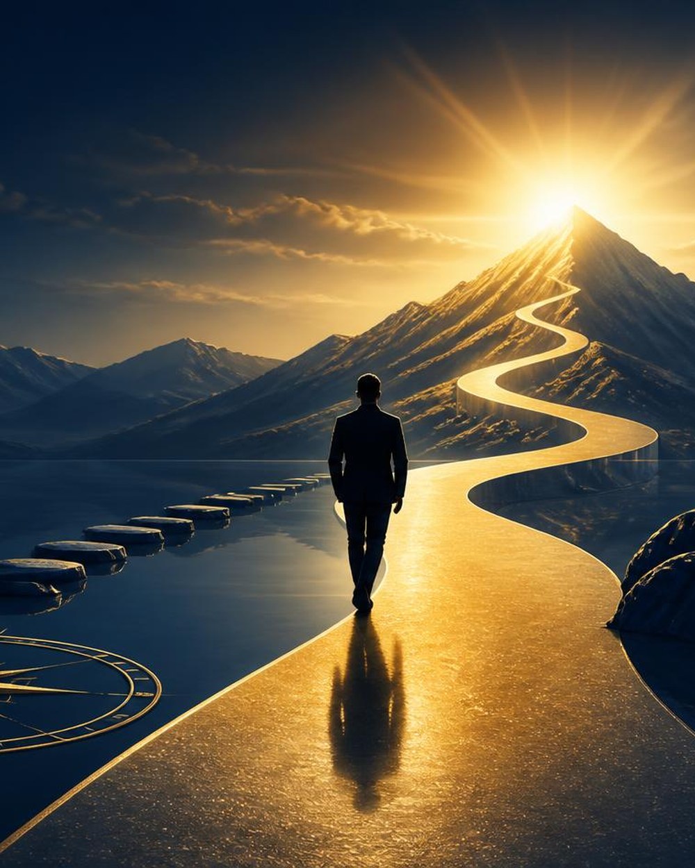 A winding golden path leading toward a sunlit mountain peak