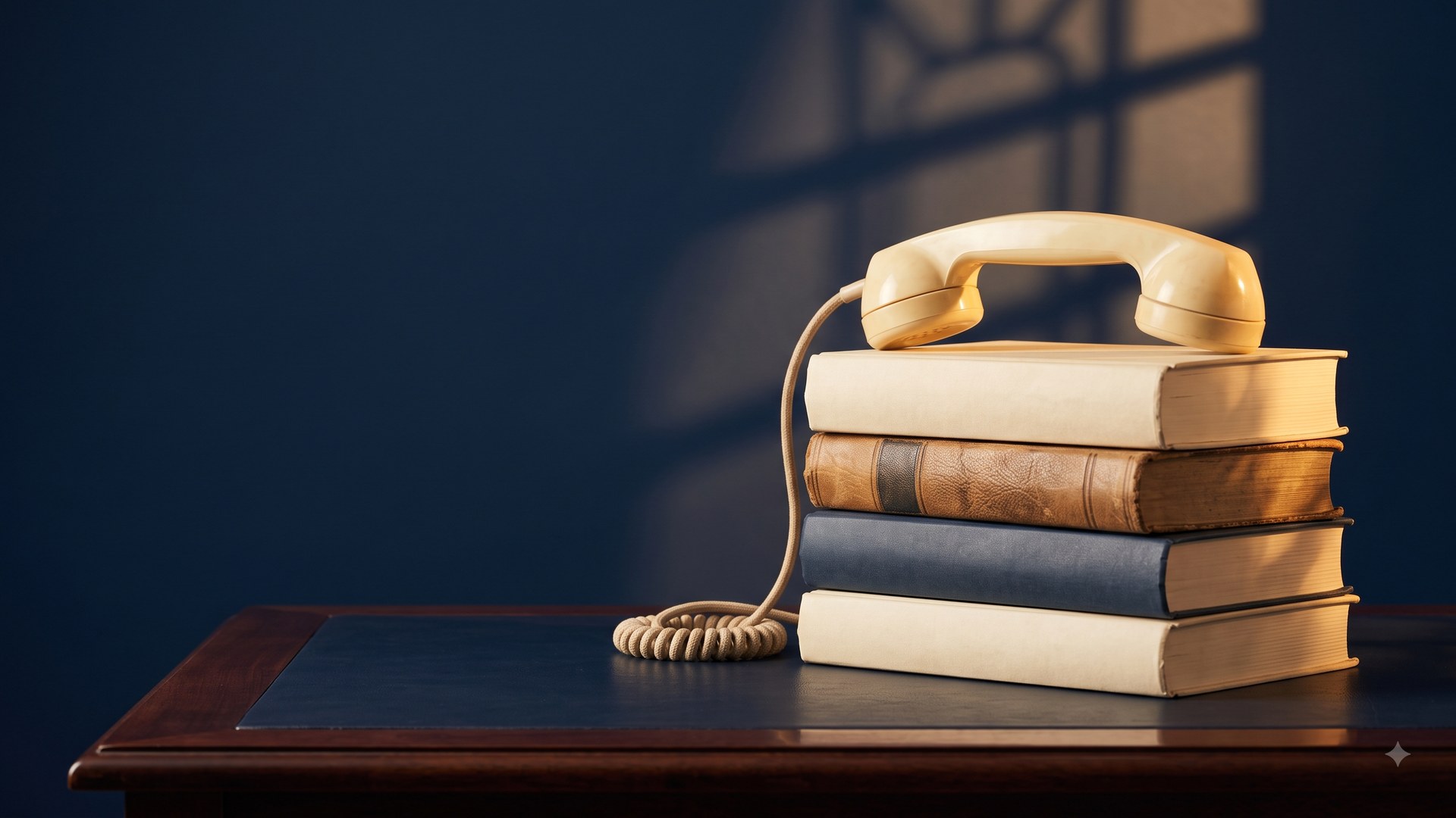 A cream telephone handset resting on a stack of books