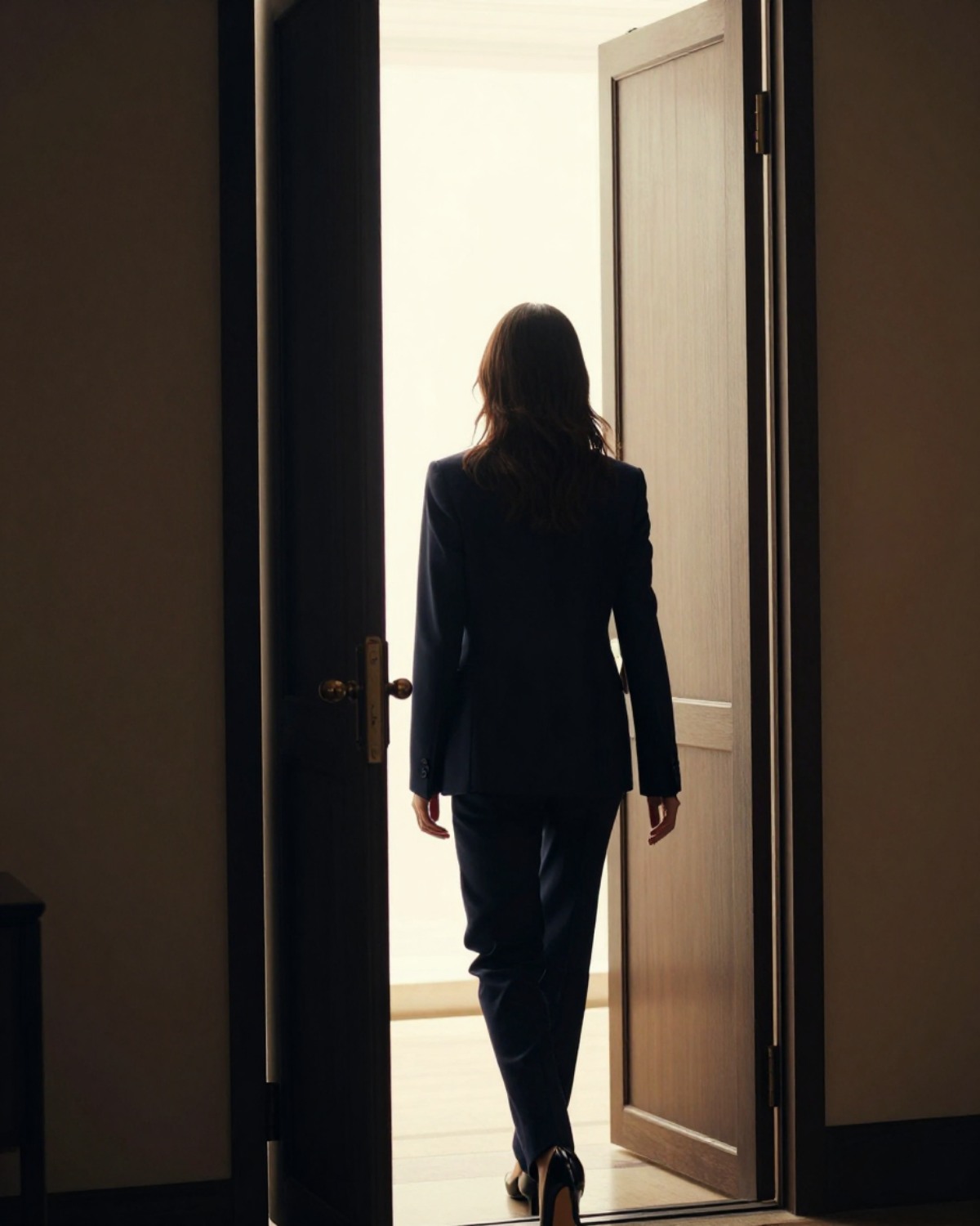 A woman in a navy suit walking through an open doorway into bright light